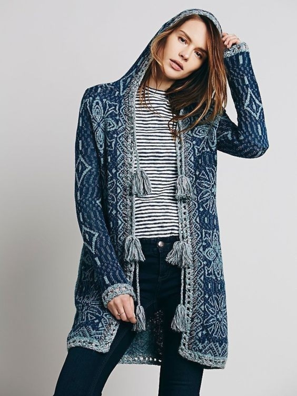 Free People Blue Tassel Cardigan